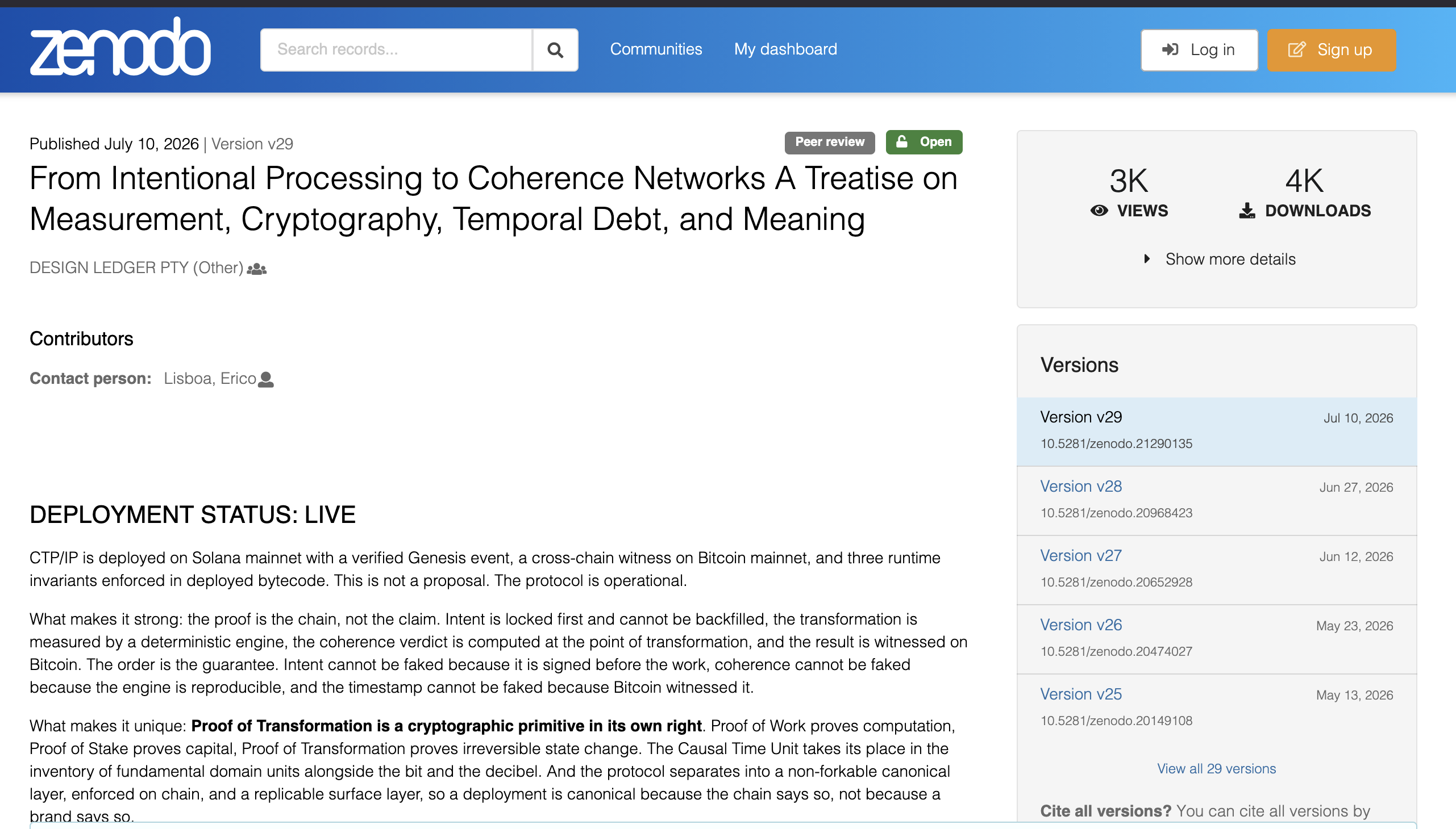 Zenodo publication record for From Intentional Processing to Coherence Networks, version 29